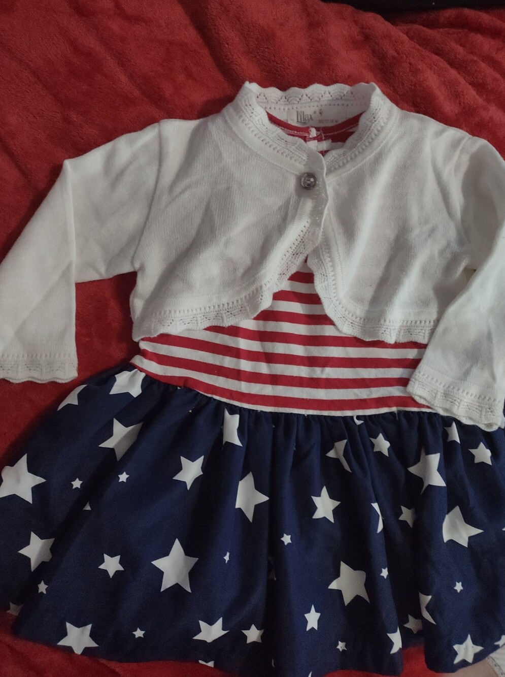 18mos. Patriotic Red White & Blue Star Dress with White Sweater Shrug. S186sm